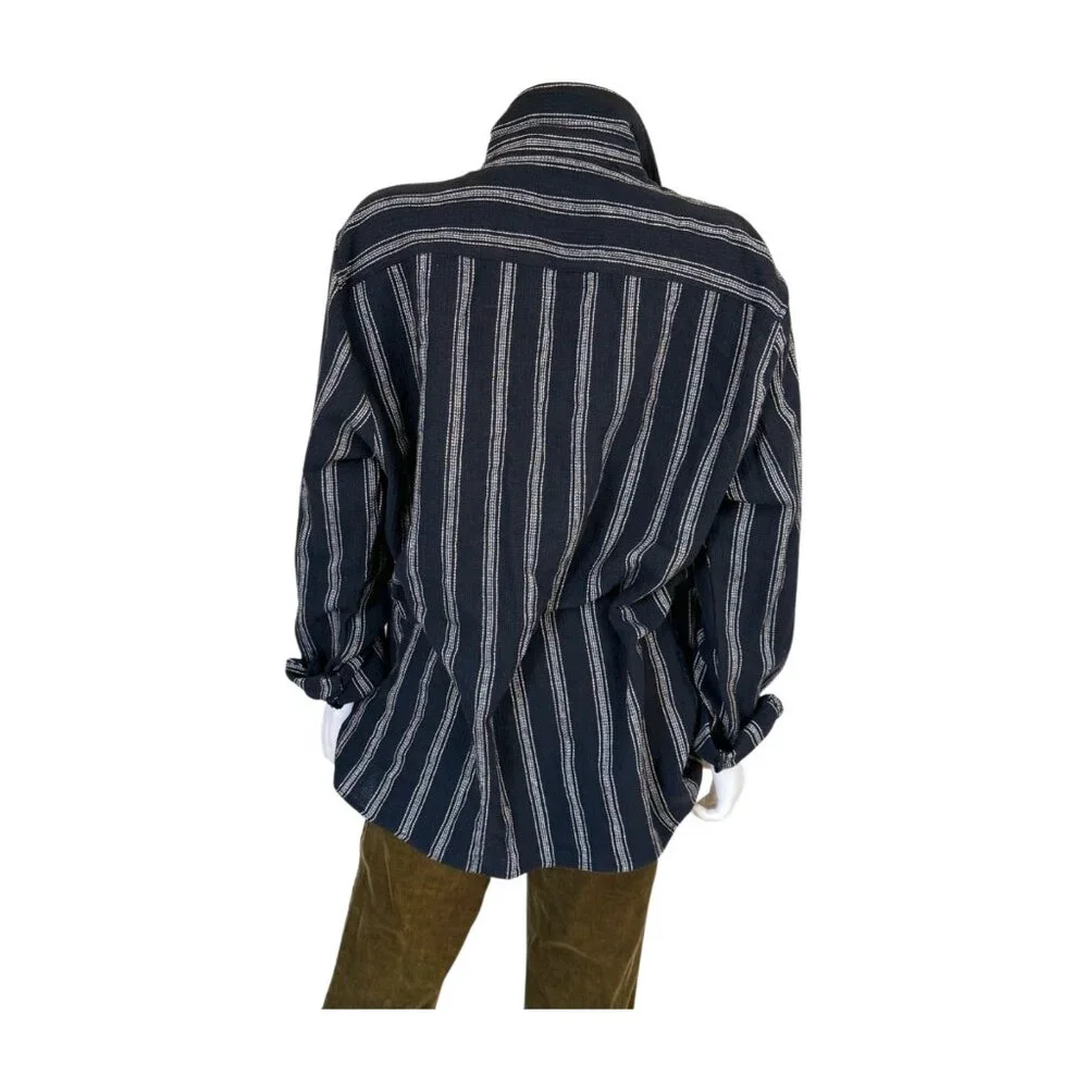 Zara Navy Blue Striped Cotton Button-Up Blouse | Oversized Fit | USA XL - Picture 7 of 10